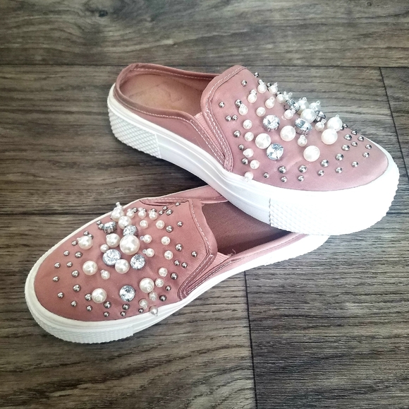 bebe Shoes - bebe Sport Pink Satin Pearl Embellished Shoes